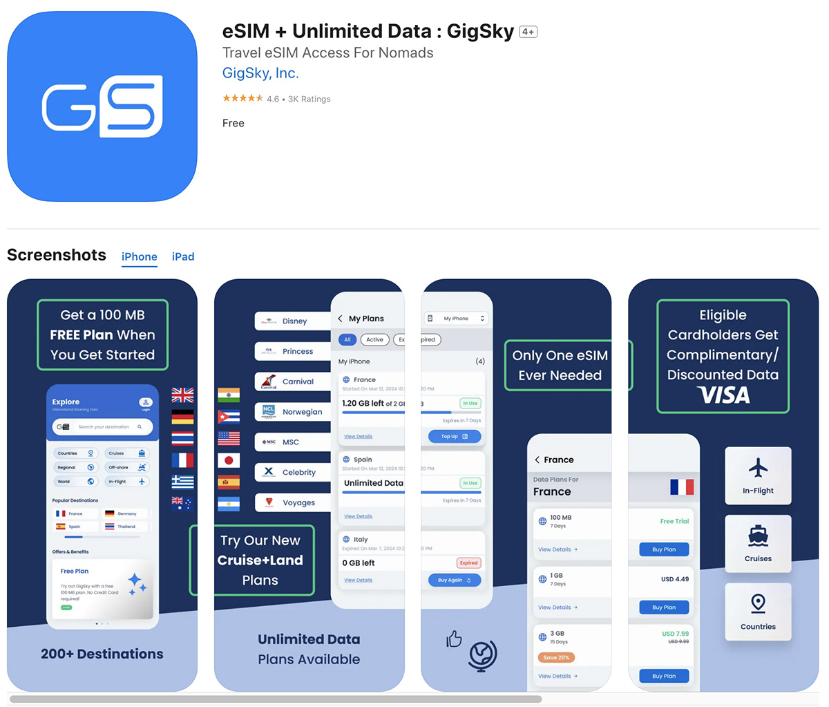 GigSky app screenshot from the app store.