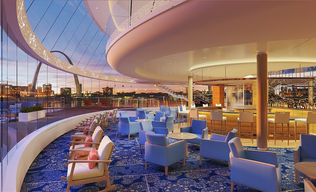 Viking Mississippi river cruises Explorer Lounge with the St. Louis arch behind it.