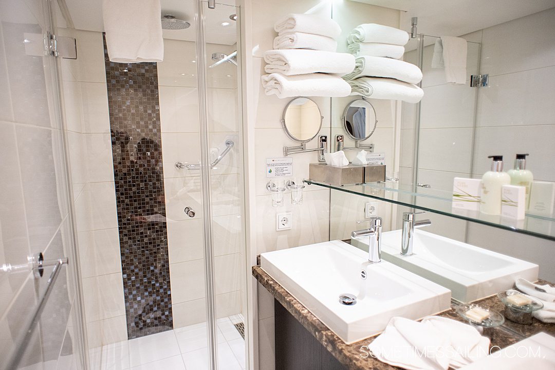 Bathroom sink and shower in a AmaKristina ship review.