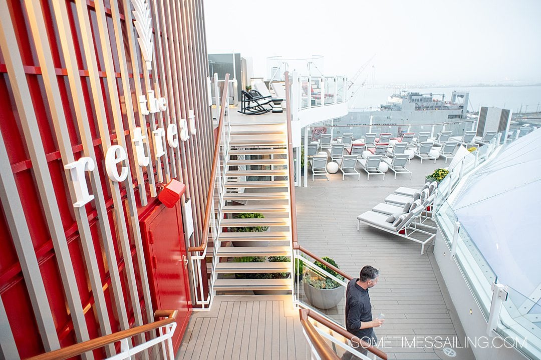 Red striped wall at The Retreat on Celebrity Beyond cruise ship.