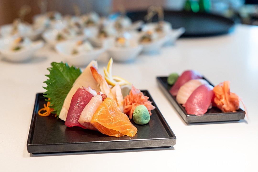 Sashimi on a black square plate at Raw on 5 on Celebrity Beyond.