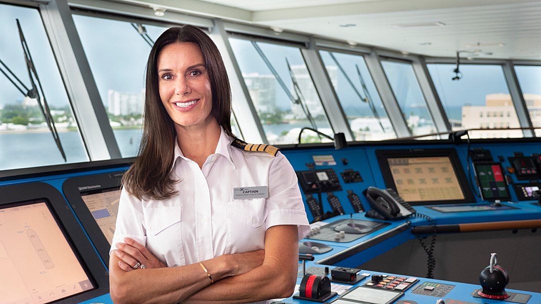 Captain Kate McCue, the first female captain of a cruise ship of the size of Celebrity Beyond, in the navigation bridge.