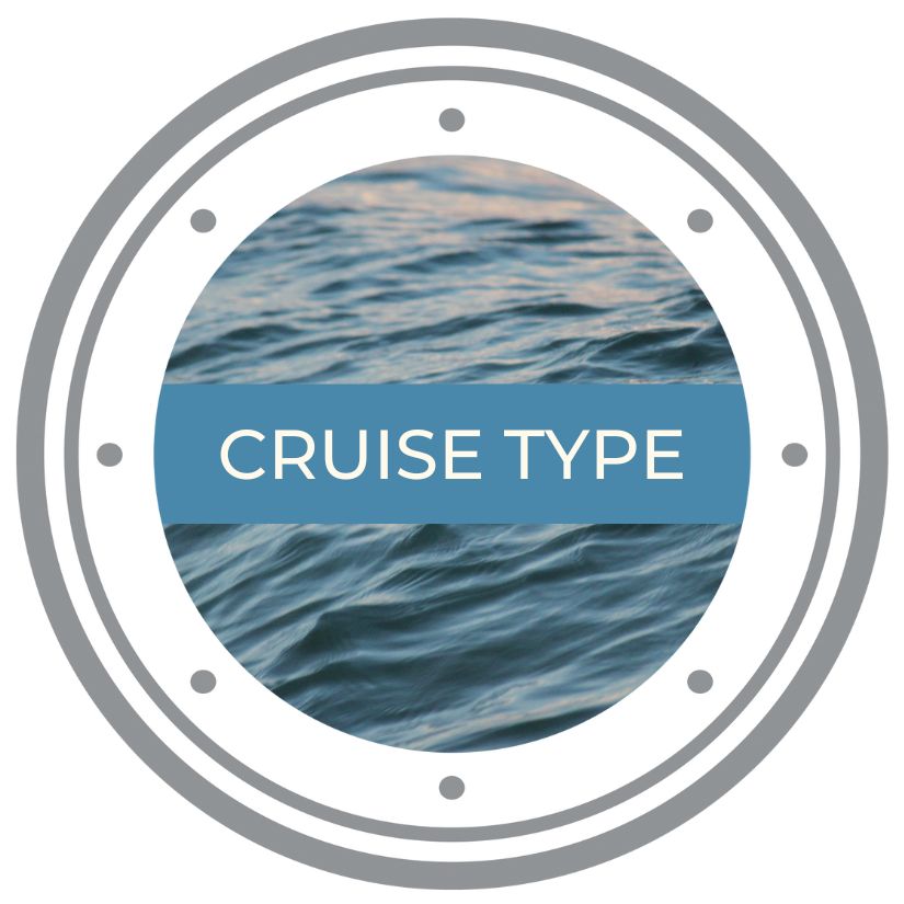 Cruise type category icon, with a porthole and image of water behind it.