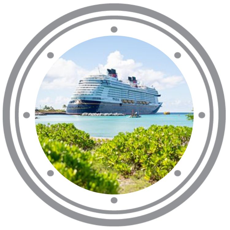Disney ocean cruise ship photo in Caribbean blue water a graphic porthole.