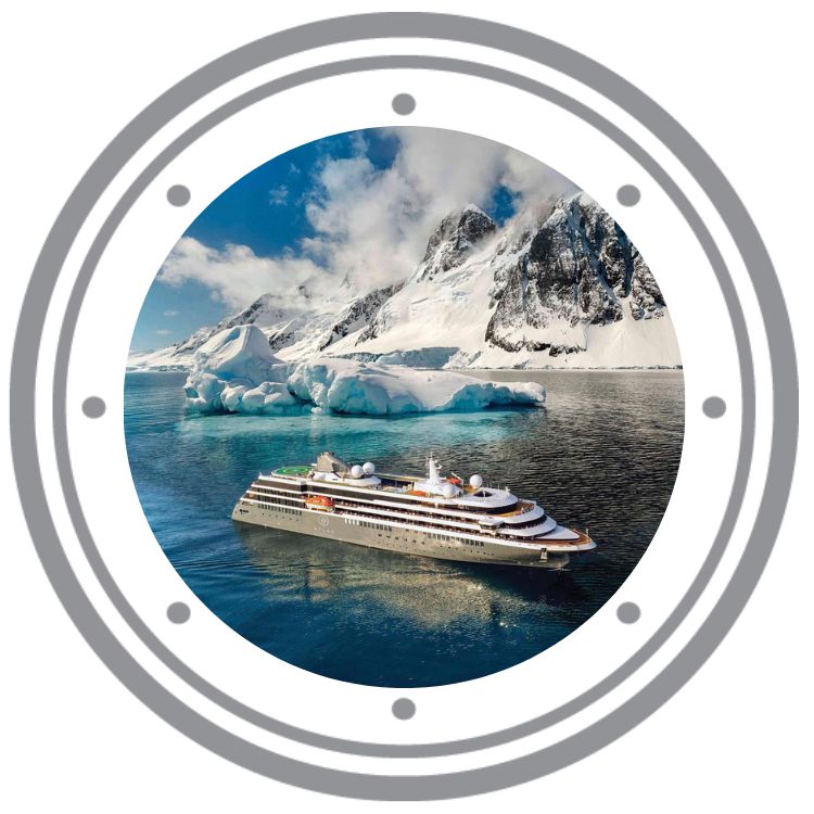 Aerial view of a cruise ship in the Antarctic Ocean in a graphic porthole.
