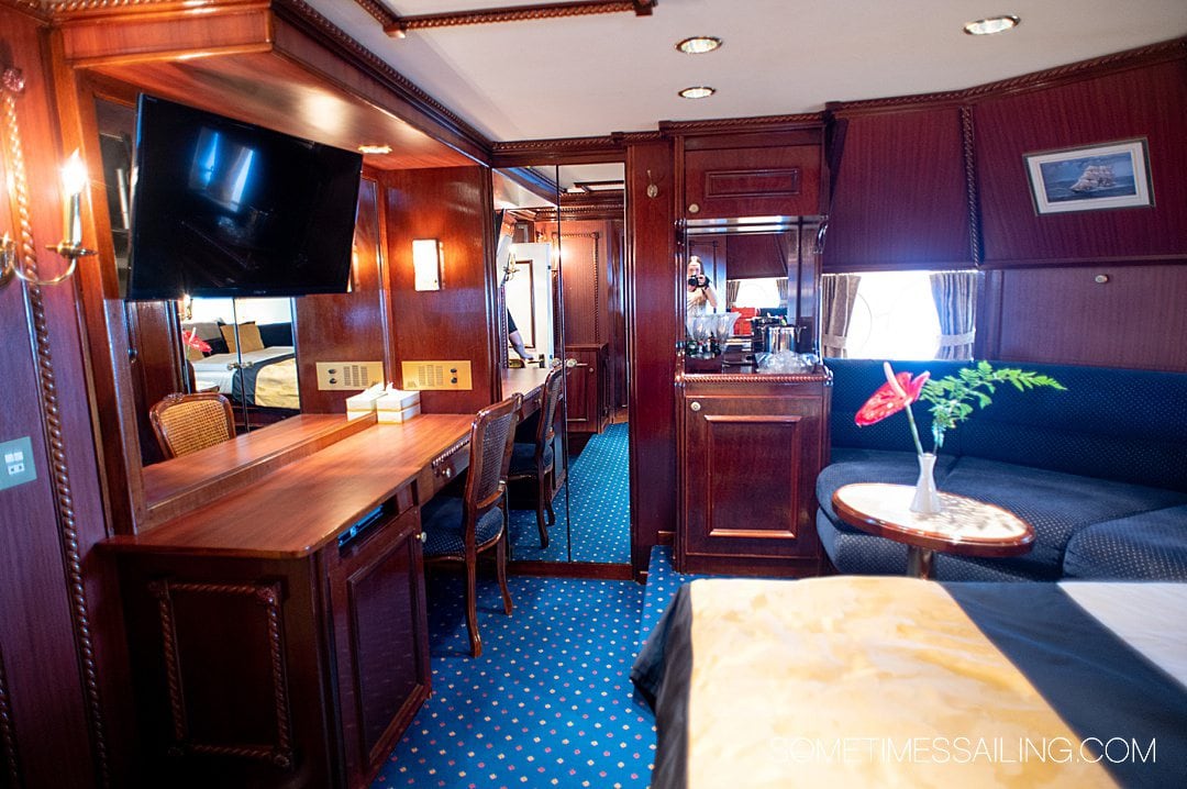 Star Clipper review and look inside the navy blue and yellow Owner's Suite cabin.