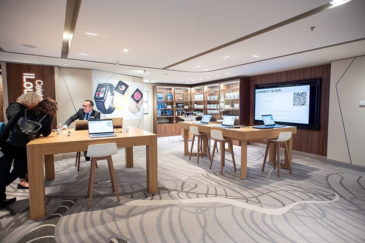 Wifi area of Celebrity Cruises Edge class ships for info about how to text on a cruise for free.
