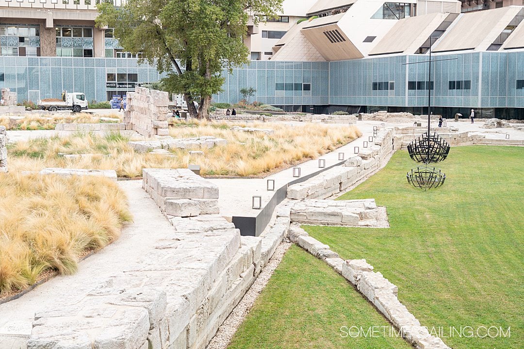 Greenery and stone area where the Port Antique, Ancient Port, is in Marseilles. Home to the city's Roman gates.