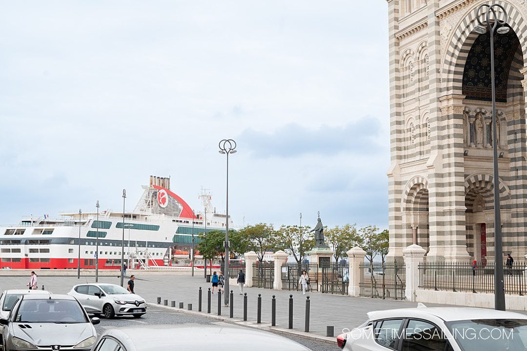 View of a ferry in the distance in La Joliette neighborhood of Marseille, France.