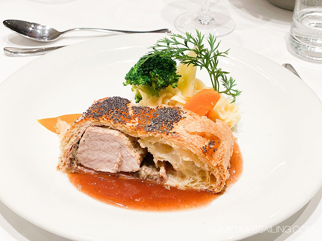 Meat en croute during a river cruise in France on AmaWaterways AmaKristina cruise ship.