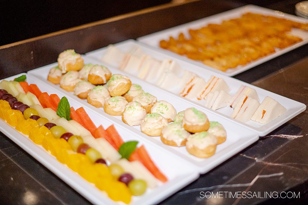 Snack plates of pastries, sandwiches and fruit for late night during an AmaWaterways river cruise in France.