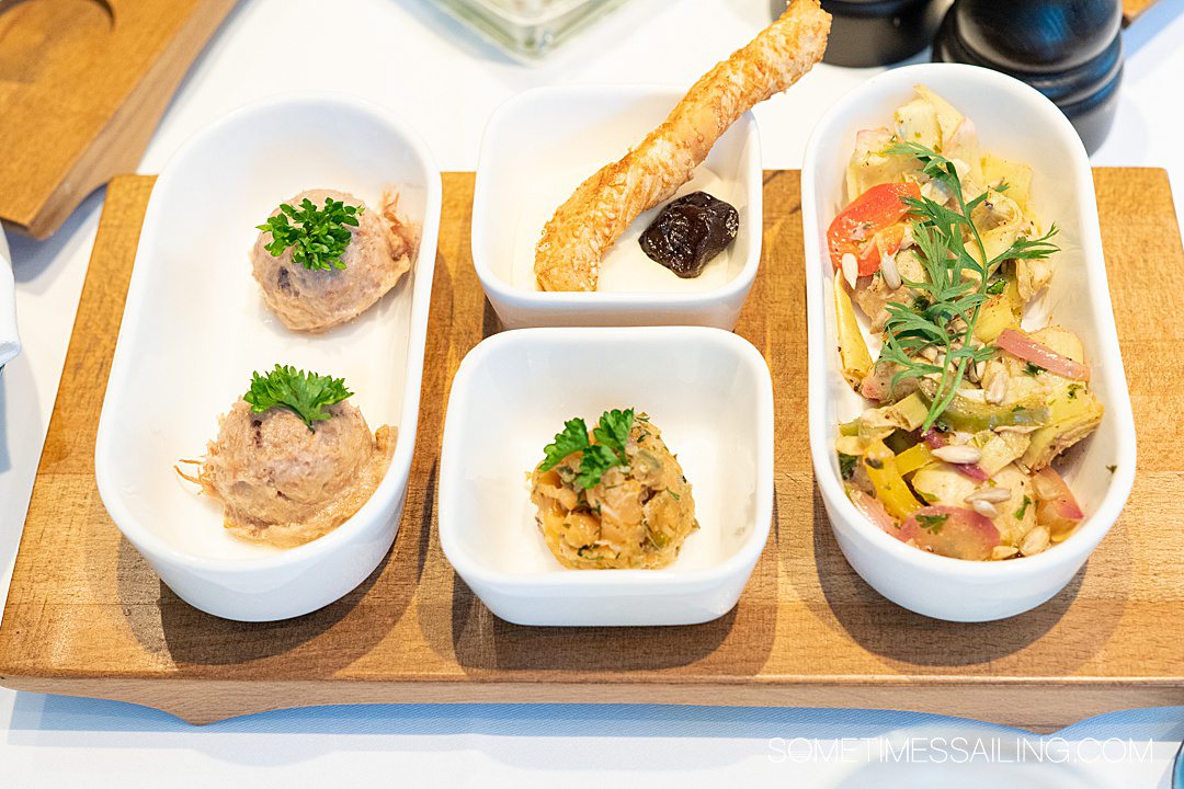 Dishes of appetizers during an AmaWaterways river cruise in Provence, France.