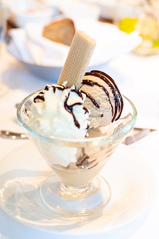 Dish of ice cream and a wafer cookie topper during an AmaWaterways river cruise.