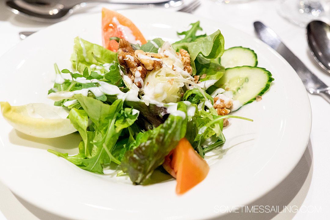 Bowl of green salad with sliced cucumber and tomato on a river cruise in Europe.