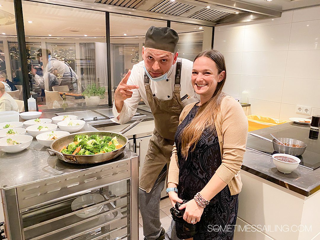 Woman taking a photo with the chef on an AmaWaterways river cruise ship.