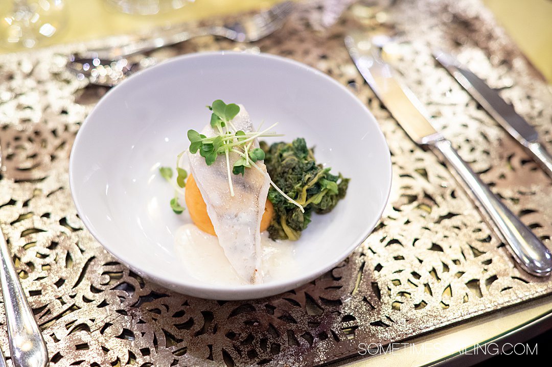 Bowl of fish and vegetables at the Chef's table on an AmaWaterways river cruise.