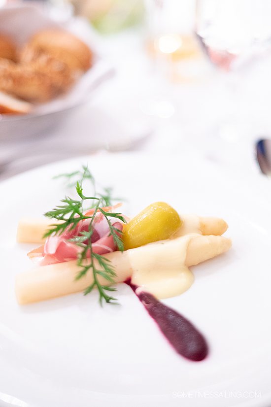 Two white asparagus with creams for an appetizer plate on AmaWaterways ship AmaKristina.