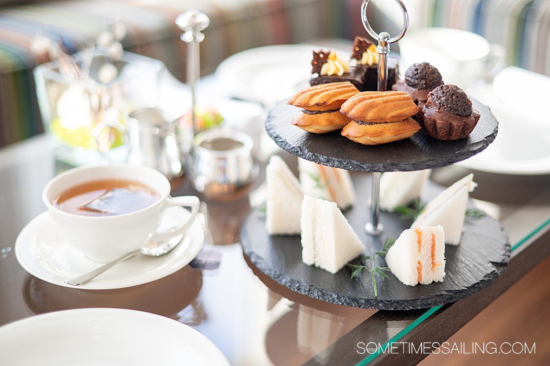 Finger sandwiches and little cakes for afternoon tea on an AmaWaterways river cruise in France.