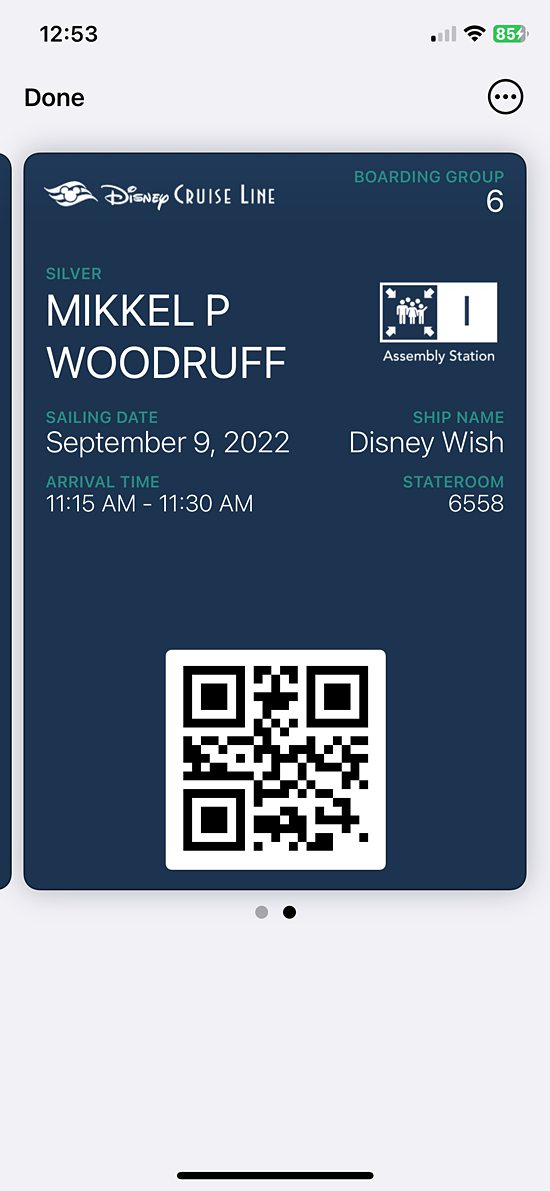 QR code for Apple Wallet, as an example of what is needed for Disney Cruise Line embarkation.