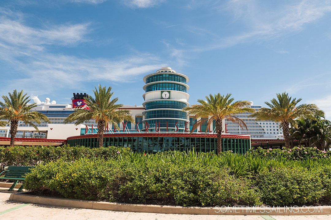 Disney Cruise Line terminal at Port Canaveral, with a blue sky and greenery.