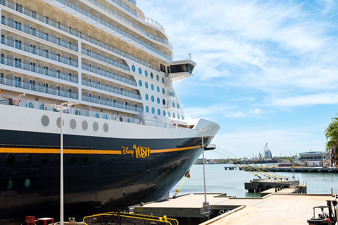 Disney Wish, Disney Cruise Line embarkation day, docked at the Port Canaveral terminal in Florida.