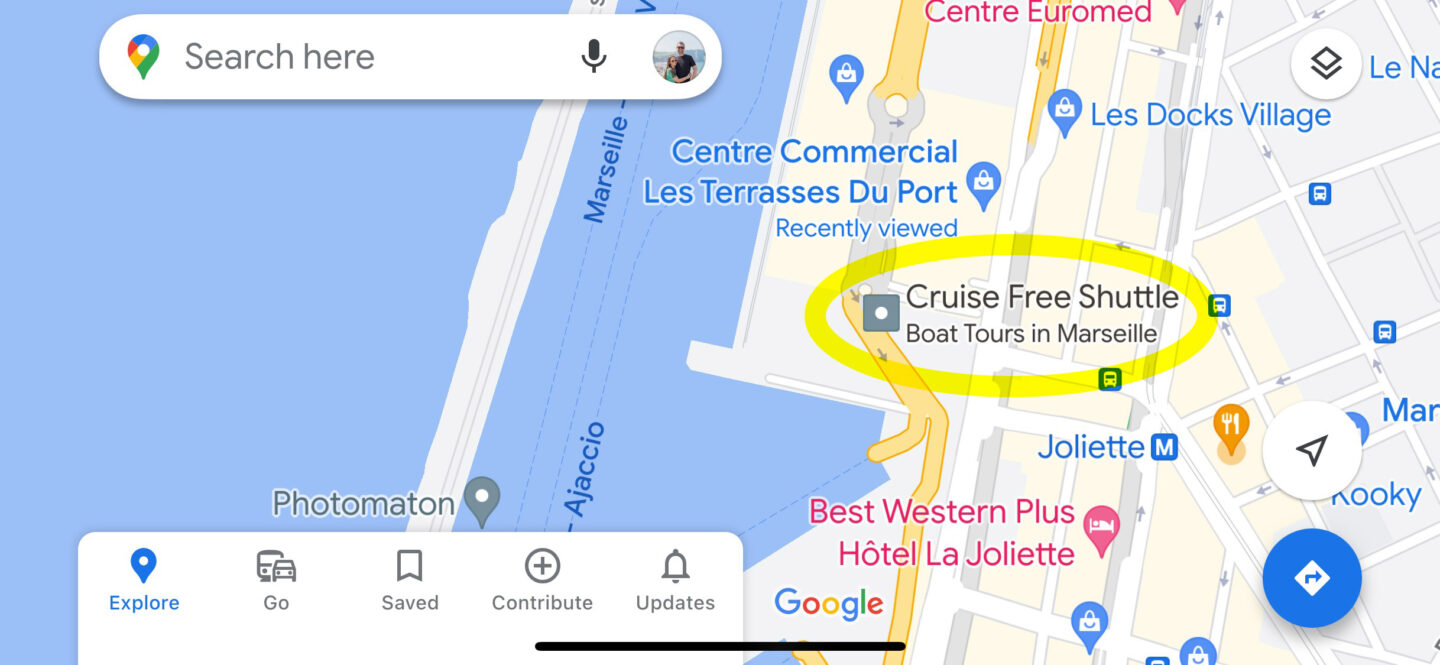 Google map with the Marseille free cruise shuttle circled.