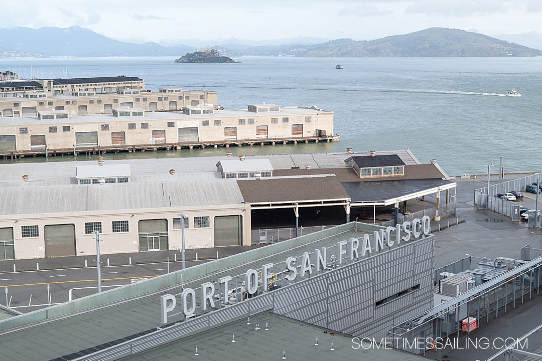 California Princess cruise in the Port of San Francisco, with the ocean and mountains in the distance.