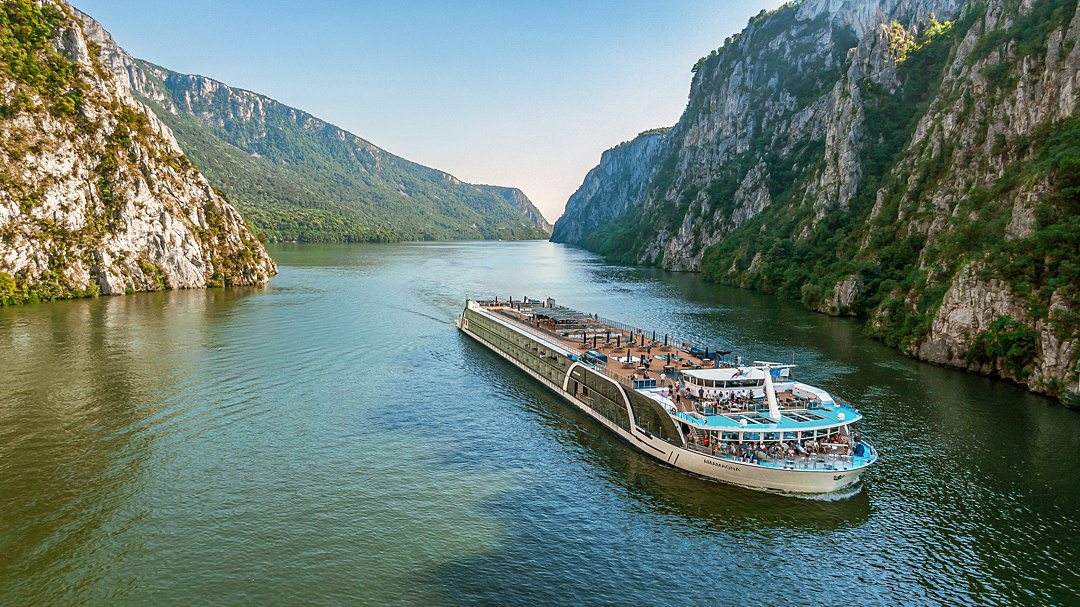 Aerial view of AmaMagna river cruise ship on the Danube River.