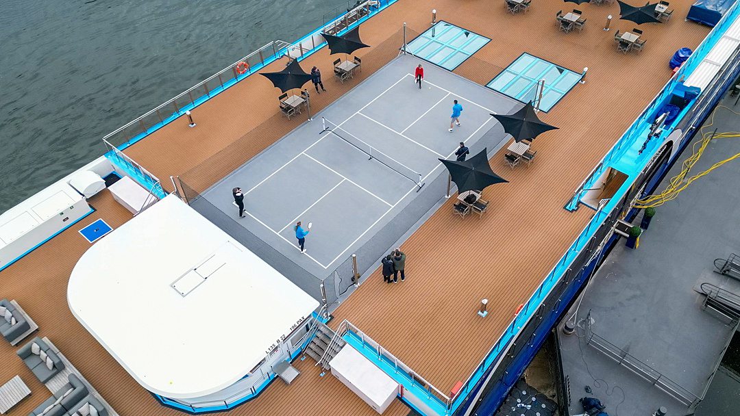 Aerial view of a pickleball court on AmaMagna river cruise ship on the Danube River.