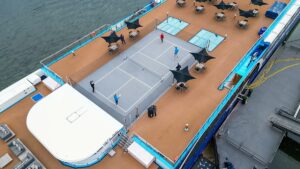 Aerial view of a pickleball court on AmaMagna river cruise ship on the Danube River.