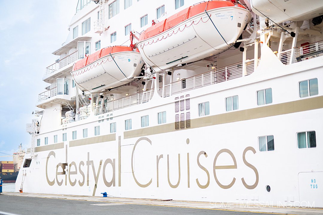 Side of Celestyal Cruises ship in dock for a review of the cruise line.