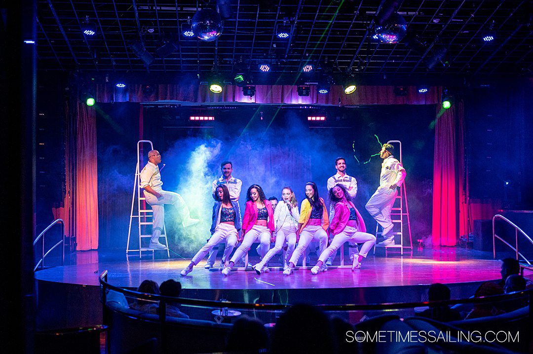 Performers on stage during a Celestyal Cruise for a review of the cruise ship.