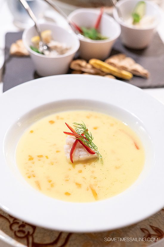 Bowl of lemon chicken soup at The Greek Table Experience dinner on Celestyal Cruises.