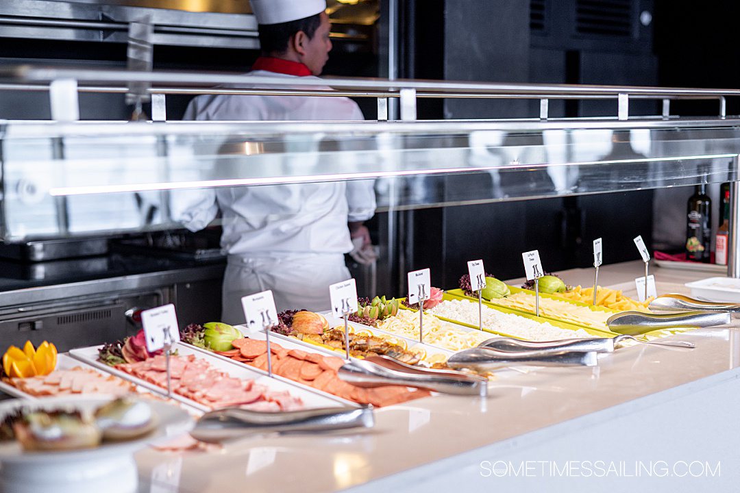 Buffet with cheese and meats in a restaurant on Celestyal Cruises.