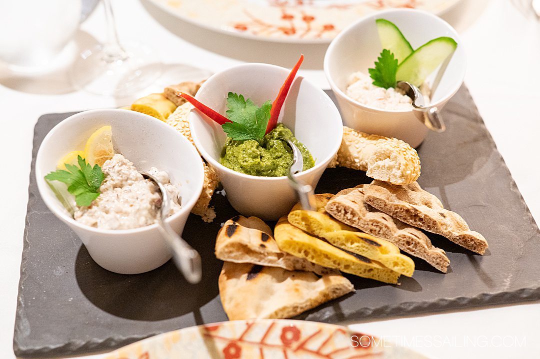 Trio of homemade Greek dips and pita on Celestyal Cruises.