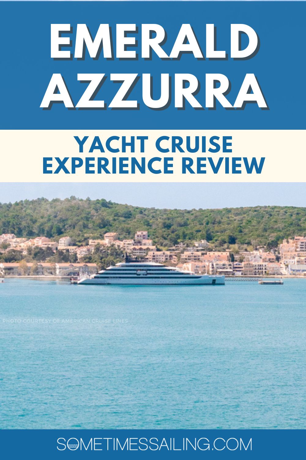 Emerald Azzurra yacht cruise experience review with a picture of the yacht ship in the distance in blue water with mountains in the background.