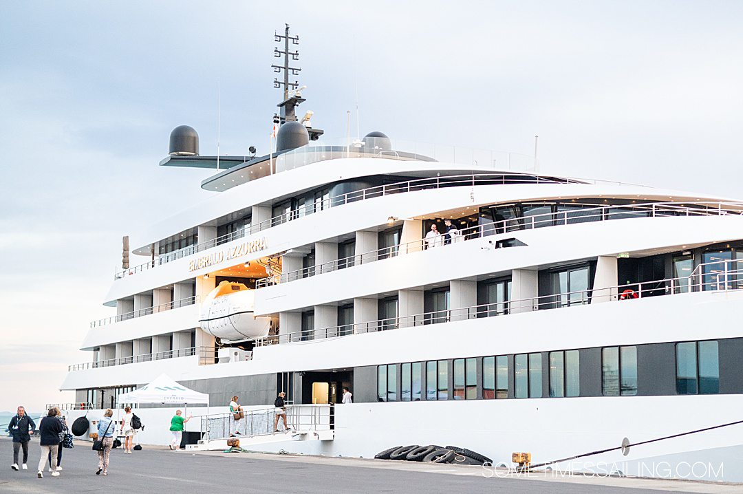 Emerald Azzurra yacht cruise ship docked as guests arrive to embark.