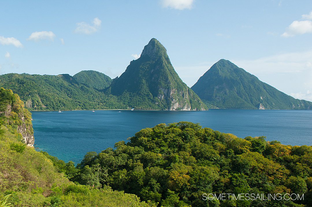 St. Lucia Piton mountains in the distance in the Southern Caribbean.