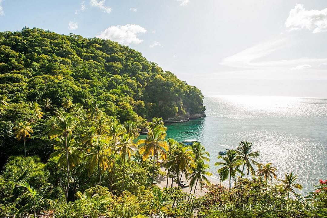 Aerial view looking out to a lush bordered coastline and teal ocean for Southern Caribbean cruises.