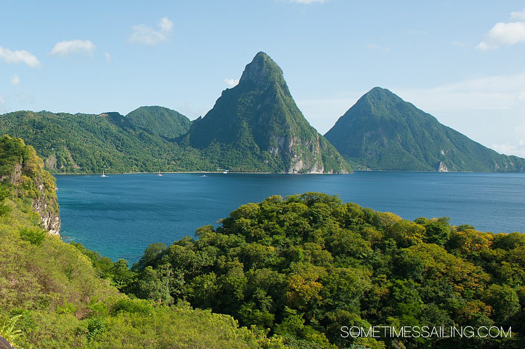 St. Lucia Piton mountains in the distance in the Southern Caribbean.