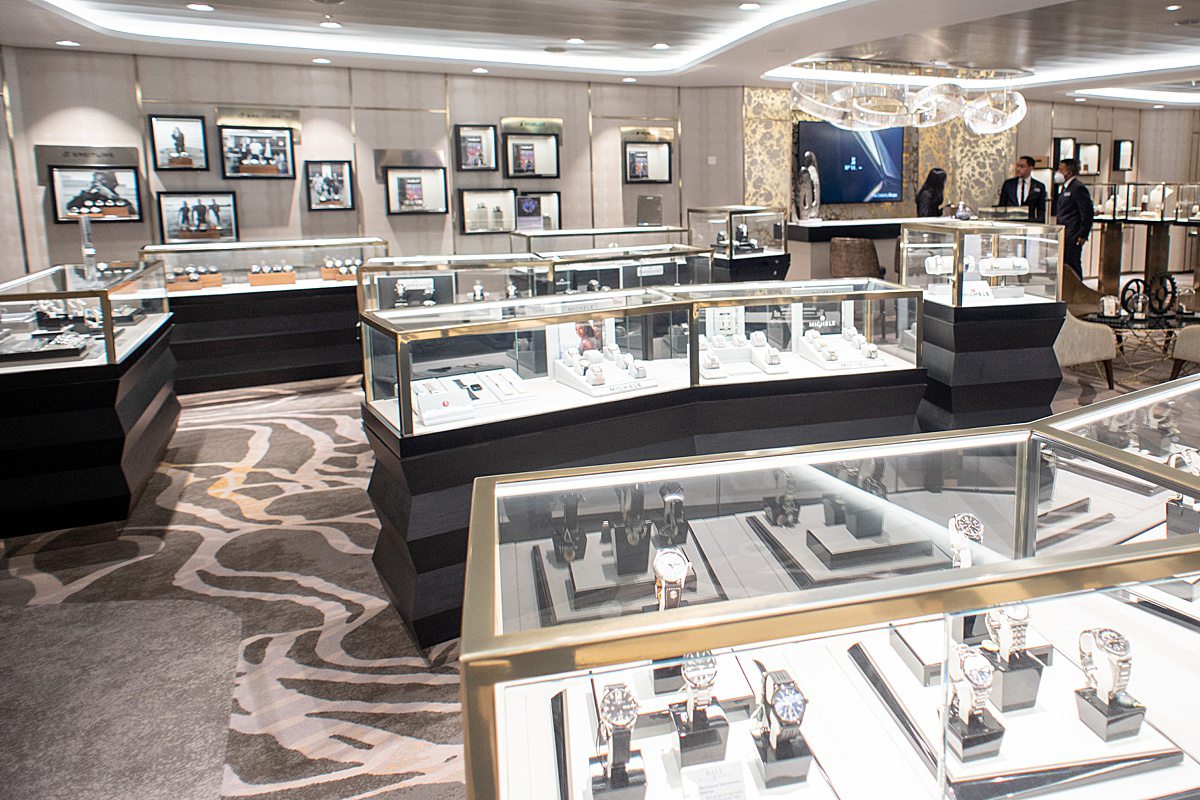Display cases inside the watch shop of a cruise ship.