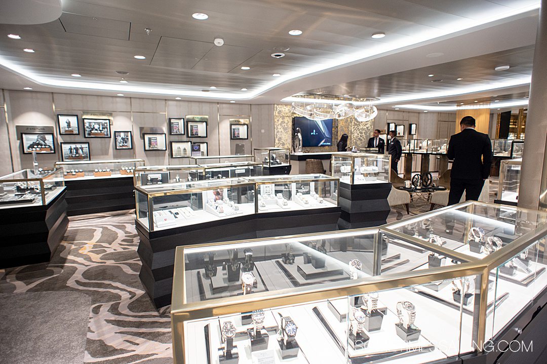 Display cases inside the watch shop of a cruise ship.