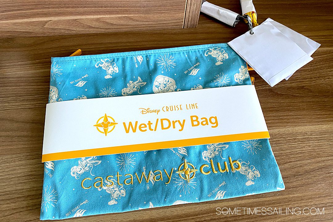 Disney Cruise Line Castaway Cay gift wet bag with blue, yellow and white details.