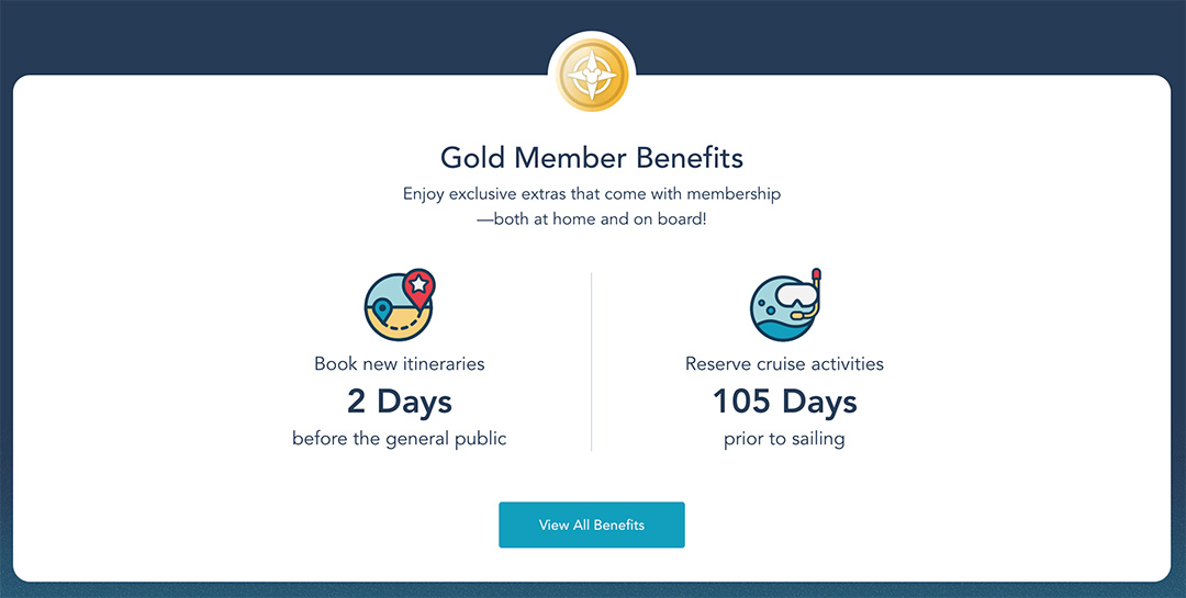 Disney Cruise Line website screenshot to show Castaway Club Gold Member benefits.