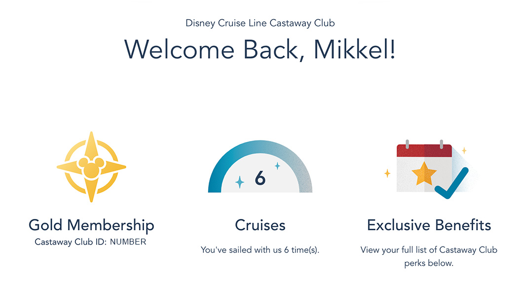 Screenshot of what you see when you log into your Disney Cruise Line website account for Castaway Club benefits.