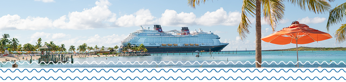 Disney Cruise Line ship in the distance at Castaway Cay Caribbean island with graphic waves at the bottom.