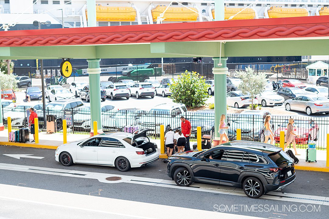 Cars at the curbside of the Disney Cruise Line terminal in Port Canaveral, Florida.