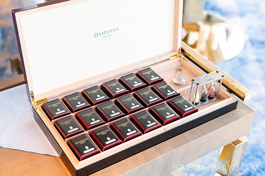 Box of fine teas at Enchante restaurant on Disney Wish.