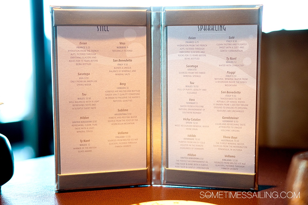 Water menu at Palo Steakhouse on Disney Wish with still on one side and sparkling options on the other.