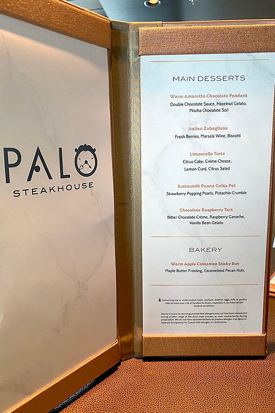 Brunch dessert menu at Palo Steakhouse restaurant on Disney Wish cruise line ship.